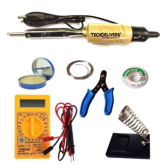 TECHDELIVERS® Multimeter kit with Solder Iron, Cutter, Stand, Desoldering Wick, Soldering Wire, Paste 35Watt Simple