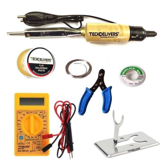 TECHDELIVERS® Multimeter kit with Solder Iron, Cutter, Stand, Desoldering Wick, Soldering Wire, Paste 35Watt Simple
