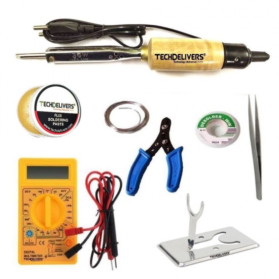 TECHDELIVERS® Multimeter Soldering kit combo, Cutter, Stand, Desoldering Wick, Soldering Wire, Soldering Paste, Tweezer 35Watt
