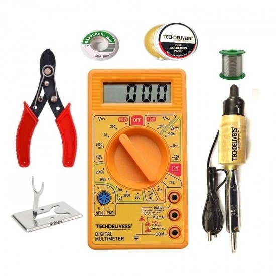TECHDELIVERS® Digital Multimeter kit with Solder Iron, Cutter, Stand, Desoldering Wick, Soldering Wire Reel, Soldering Paste 35 Watt Iron TECHDELIVERS® Digital Multimeter kit with Solder Iron, Cutter, Stand, Desoldering Wick, Soldering Wire Reel, Soldering Paste 35 Watt Iron