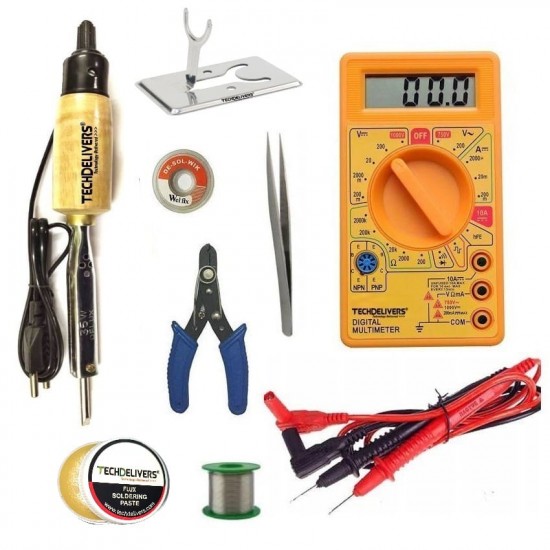 TECHDELIVERS® Digital Multimeter kit set with Solder Iron, Cutter, Stand, Desoldering Wick, Soldering Wire Reel, Soldering Paste, Tweezer 35Watt TECHDELIVERS® Digital Multimeter kit set with Solder Iron, Cutter, Stand, Desoldering Wick, Soldering Wire Reel, Soldering Paste, Tweezer 35Watt