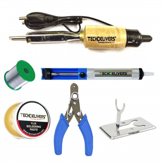 TECHDELIVERS® Mini Solder Iron 35w Kit, Desoldering Pump, Soldering Wire Reel, Soldering Paste, Stand, Cutter