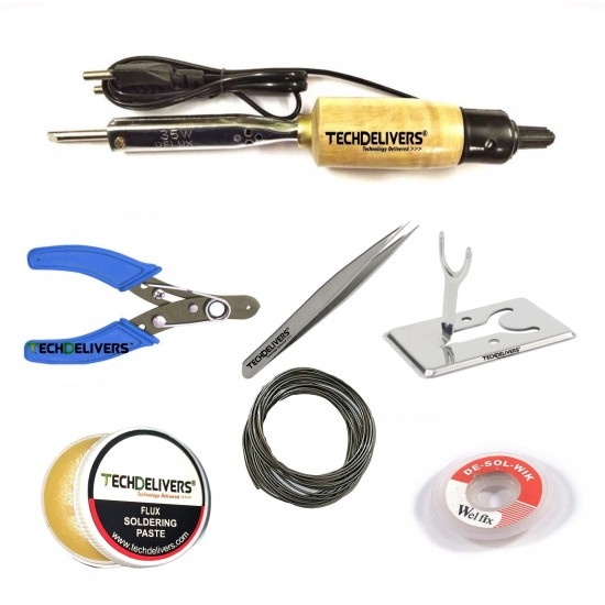 TECHDELIVERS® 35w Soldering Iron, Cutter, Stand, Desoldering Wick, Soldering Wire, Soldering Paste, Tweezer 35watt TECHDELIVERS® 35w Soldering Iron, Cutter, Stand, Desoldering Wick, Soldering Wire, Soldering Paste, Tweezer 35watt