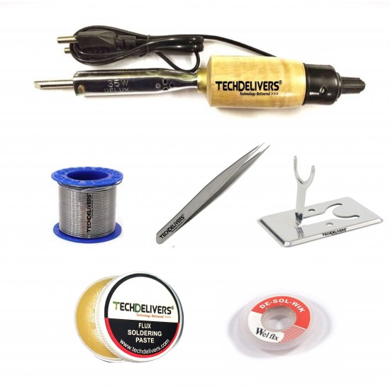 TECHDELIVERS® 6in1 Basic 35W Soldering Iron Kit with 5 Meter Solder Wire, Flux, Stand, Tweezer, Wick 35 Watt TECHDELIVERS® 6in1 Basic 35W Soldering Iron Kit with 5 Meter Solder Wire, Flux, Stand, Tweezer, Wick 35 Watt