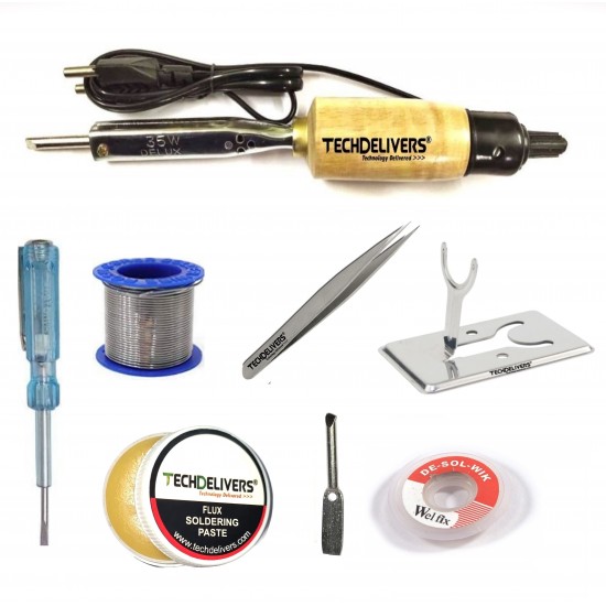 TECHDELIVERS® 8in1 Basic 35W Soldering Iron Kit with 5 Meter Solder Wire, Flux, Stand, Tester, Bit, Tweezer, Wick 35W Simple Flat Tip