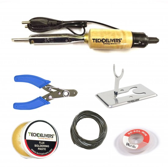 TECHDELIVERS® 35Watt Soldering Iron Flat Tip with Cutter, Stand, Paste, Wire, Wick TECHDELIVERS® 35Watt Soldering Iron Flat Tip with Cutter, Stand, Paste, Wire, Wick