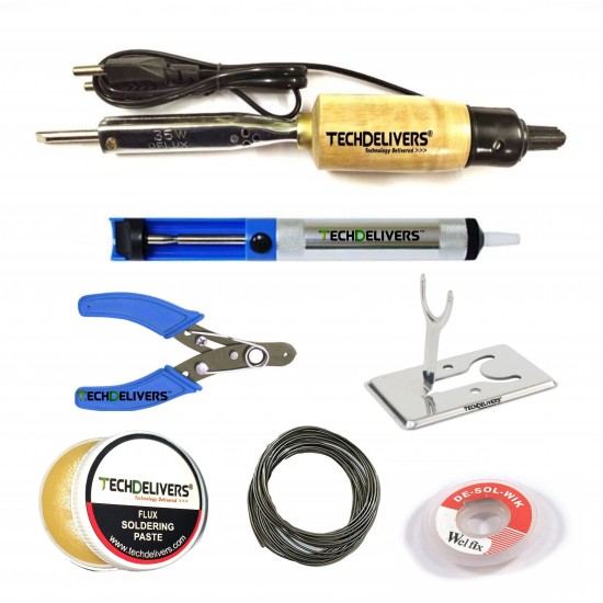 TECHDELIVERS® 35Watt Solder Iron Kit with Desolder PUMP, Cutter, Stand, Paste, Wire, Wick TECHDELIVERS® 35Watt Solder Iron Kit with Desolder PUMP, Cutter, Stand, Paste, Wire, Wick