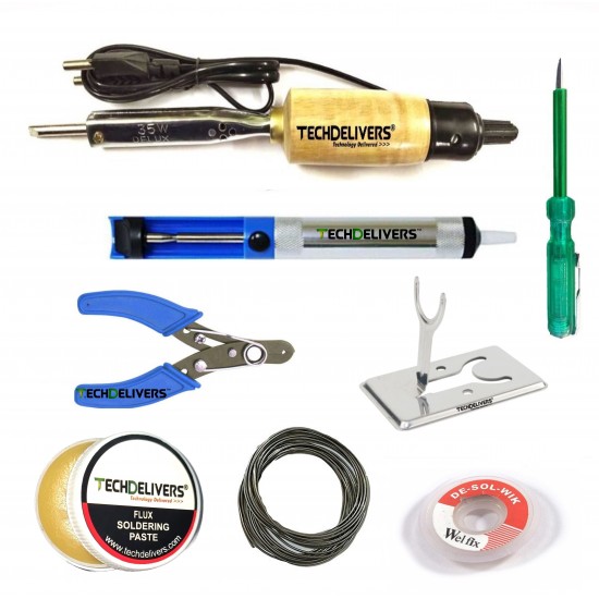 TECHDELIVERS® 35 Watt Soldering Iron Kit with Desolder PUMP, Cutter, Tester, Stand, Paste, Wire, Wick TECHDELIVERS® 35 Watt Soldering Iron Kit with Desolder PUMP, Cutter, Tester, Stand, Paste, Wire, Wick