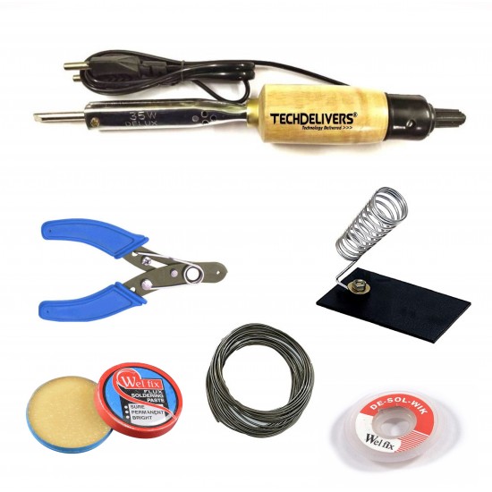 TECHDELIVERS® 35Watt Soldering Iron Flat Tip with Cutter, Stand, Paste, Wire, Wick