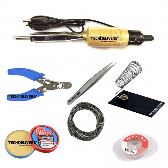 TECHDELIVERS® 35w Soldering Iron, Cutter, Stand, Desoldering Wick, Soldering Wire, Soldering Paste, Tweezer 35watt