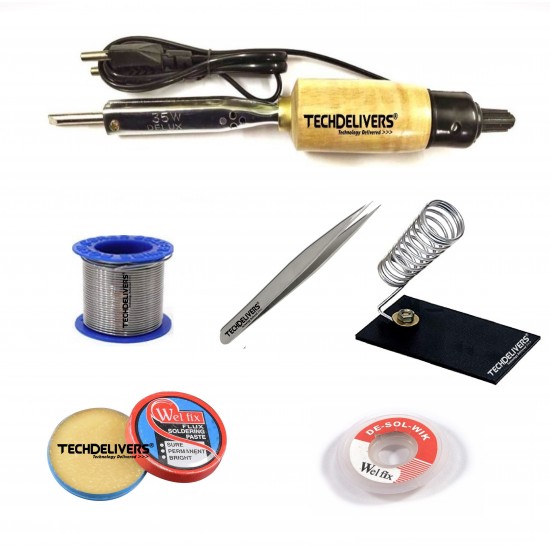 TECHDELIVERS® 6in1 Basic 35W Soldering Iron Kit with 5 Meter Solder Wire, Flux, Stand, Tweezer, Wick 35 Watt