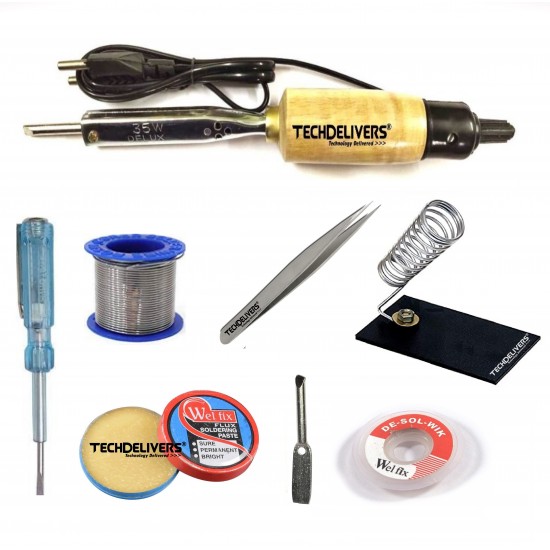 TECHDELIVERS® 8in1 Basic 35W Soldering Iron Kit with 5 Meter Solder Wire, Flux, Stand, Tester, Bit, Tweezer, Wick 35W Simple Flat Tip