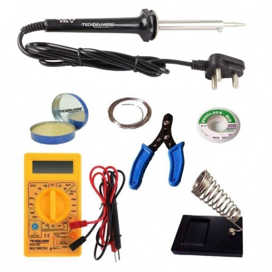 TECHDELIVERS® Multimeter kit with Solder Iron, Cutter, Stand, Desoldering Wick, Soldering Wire, Paste 60Watt Simple