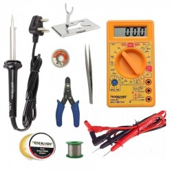 TECHDELIVERS® Digital Multimeter kit set with Solder Iron, Cutter, Stand, Desoldering Wick, Soldering Wire Reel, Soldering Paste, Tweezer 60Watt TECHDELIVERS® Digital Multimeter kit set with Solder Iron, Cutter, Stand, Desoldering Wick, Soldering Wire Reel, Soldering Paste, Tweezer 60Watt