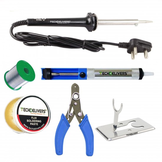 TECHDELIVERS® Mini Solder Iron 60w Kit, Desoldering Pump, Soldering Wire Reel, Soldering Paste, Stand, Cutter