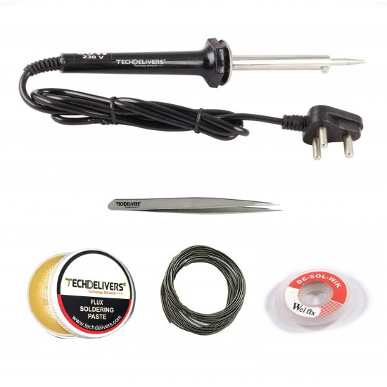 TECHDELIVERS® 60 Watt Soldering Iron Kit, Soldering Wire, Soldering Paste, Desolder Wick, Tweezer