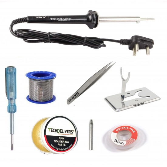 TECHDELIVERS® 8in1 Basic 60W Soldering Iron Kit with 5 Meter Solder Wire, Flux, Stand, Tester, Bit, Tweezer, Wick 60W Simple Pointed Tip