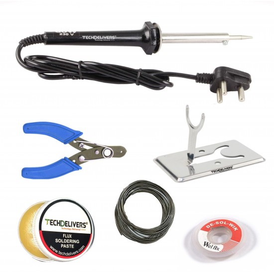 TECHDELIVERS® 60Watt Soldering Iron Pointed Tip with Cutter, Stand, Paste, Wire, Wick