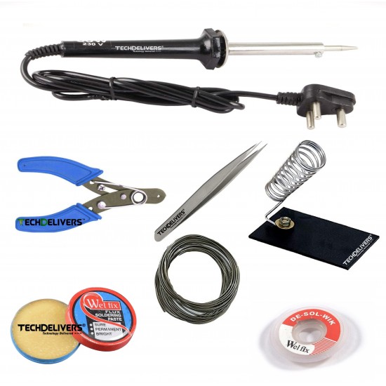 TECHDELIVERS® 60w Soldering Iron, Cutter, Stand, Desoldering Wick, Soldering Wire, Soldering Paste, Tweezer 60watt