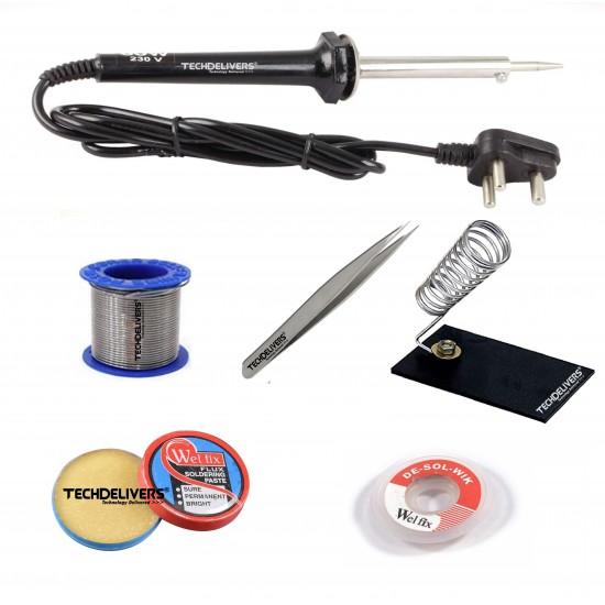 TECHDELIVERS® 6in1 Basic 60W Soldering Iron Kit with 5 Meter Solder Wire, Flux, Stand, Tweezer, Wick 60 Watt