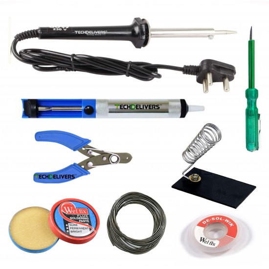 TECHDELIVERS® 60 Watt Soldering Iron Kit with Desolder PUMP, Cutter, Tester, Stand, Paste, Wire, Wick