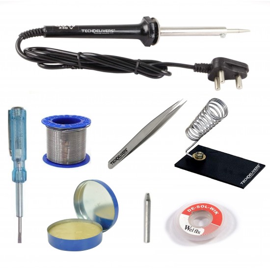 TECHDELIVERS® 8in1 Basic 60W Soldering Iron Kit with 5 Meter Solder Wire, Flux, Stand, Tester, Bit, Tweezer, Wick 60W Simple Pointed Tip