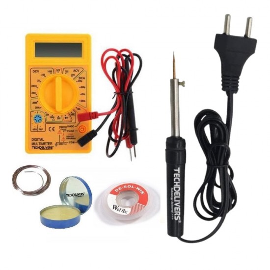 TECHDELIVERS® Soldering Iron Kit set with Multimeter | Soldering Wire | Paste | Desolder Wick | 8 W Solder Iron  (Pointed Tip)