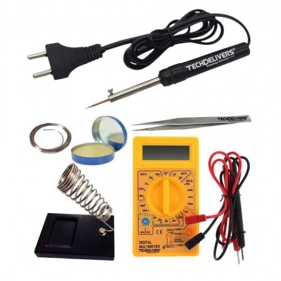 TECHDELIVERS® Solder Iron 8w with Multimeter | Stand | Soldering Wire | Paste | Tweezer 8Watt (Pointed Tip)