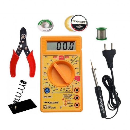 TECHDELIVERS® Digital Multimeter kit with Solder Iron | Cutter | Stand | Desoldering Wick | Soldering Wire Reel | Soldering Paste 8 Watt Pointed Tip Iron