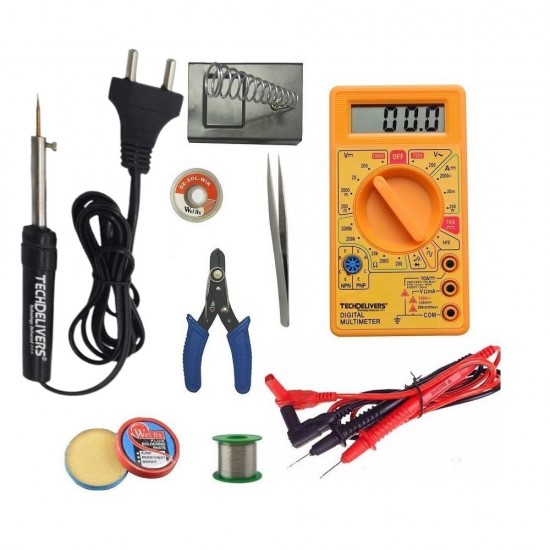 TECHDELIVERS® Digital Multimeter kit set with Solder Iron | Cutter | Stand | Desoldering Wick | Soldering Wire Reel | Soldering Paste | Tweezer 8Watt Pointed Tip Iron