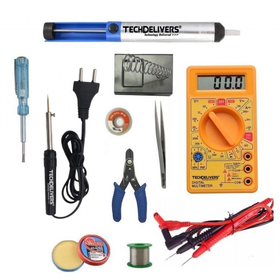 TECHDELIVERS® 8 Watt Solder Iron Kit Set Full Multimeter | Cutter | Stand | Desoldering Pump | Wick | Soldering Wire Reel | Soldering Paste | Tweezer | Tester