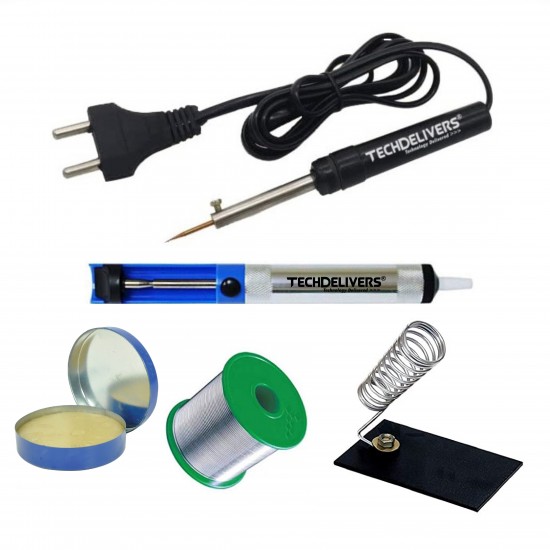 TECHDELIVERS® Solder Iron 8w Kit | Desoldering Pump | Soldering Wire Reel | Soldering Paste | Stand (Pointed Tip)