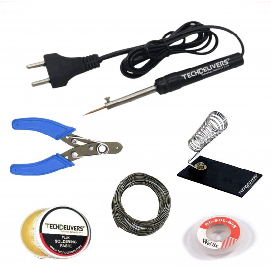 TECHDELIVERS® 6in1 8Watt Electric Soldering Iron Kit Set with Desoldering | WICK |Stand |Flux | Wire Stripper | Solder Wire for DIY/Crafts