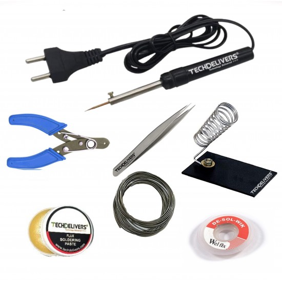 TECHDELIVERS® 8w Soldering Iron Kit | Cutter | Stand | Desoldering Wick | Soldering Wire | Soldering Paste | Tweezer 8watt (Pointed Tip)