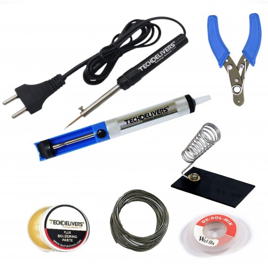 TECHDELIVERS® 8Watt Solder Iron Kit with Desolder PUMP, Cutter, Stand, Paste, Wire, Wick (Pointed Tip)