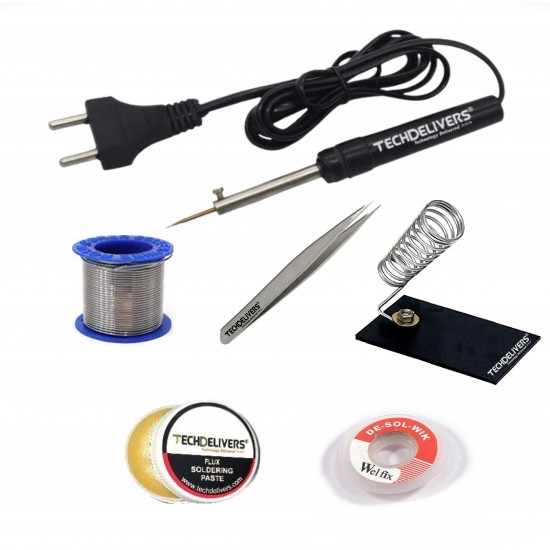 TECHDELIVERS® 8w Soldering Iron Kit with 5 Meter Solder Wire, Flux, Stand, Tweezer, Wick 8Watt Pointed Tip Iron