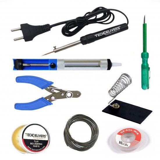 TECHDELIVERS® 8 Watt Soldering Iron Kit All in One with Desolder PUMP, Cutter, Tester, Stand, Paste, Wire, Wick (Pointed Tip)